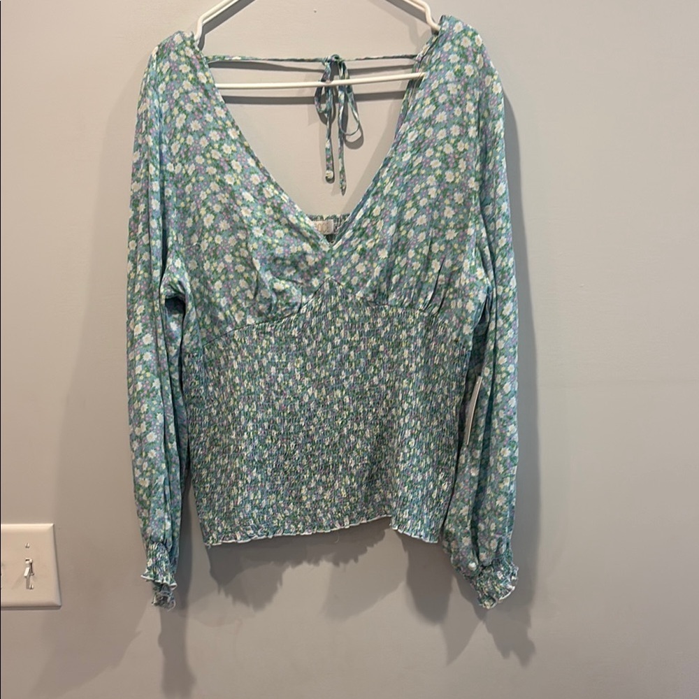 Green and Pink Tie Front Long Sleeve Blouse